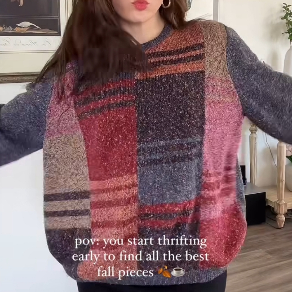 Alfred Dunner Multicolor Patchwork Crewneck Sweater - Red, Pink, Gray, Brown